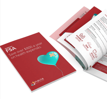 Informational booklet on FSA savings over $800 yearly with graphs, text, and heart illustration.