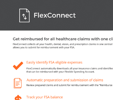 FlexConnect service consolidates and manages FSA claims for health, dental, vision, prescriptions.