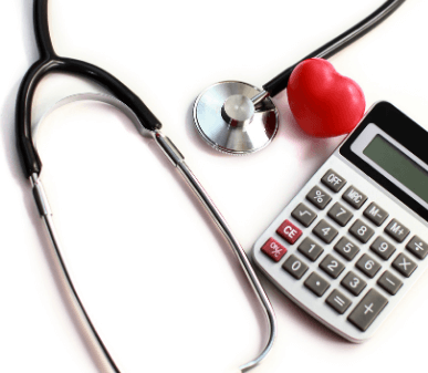 Stethoscope, red heart, and calculator on plain background, symbolizing healthcare and finance.