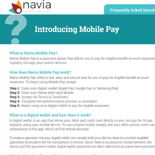 Navia Mobile Pay guide on setting up digital wallets for benefit expenses using Apple, Google, Samsung Pay.