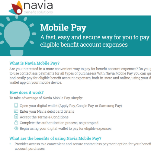 Navia Mobile Pay poster explaining contactless benefit account expense payments via digital wallet.