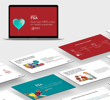 Laptop displaying FSA savings info slides with red and white design, highlighting benefits.