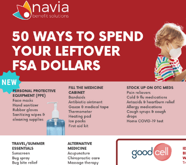 Navia flyer lists uses for leftover FSA dollars on PPE, medicine, and over-the-counter items.