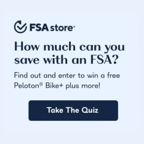FSAstore ad for saving with FSA, quiz for chance to win Peloton Bike+ and more prizes.