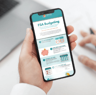 Smartphone displaying FSA Budgeting infographic with tips on Flexible Spending Accounts.