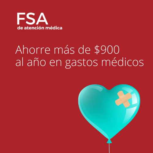 FSA promo image on red, save $900 annually on medical costs, teal heart balloon with band-aid.